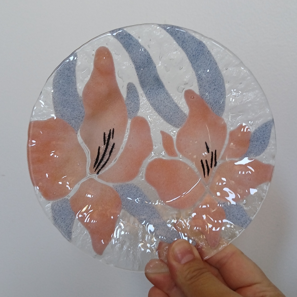 Vintage Sydenstricker Elephant Ear Orchid Fused Glass 6.75" Plate Dish